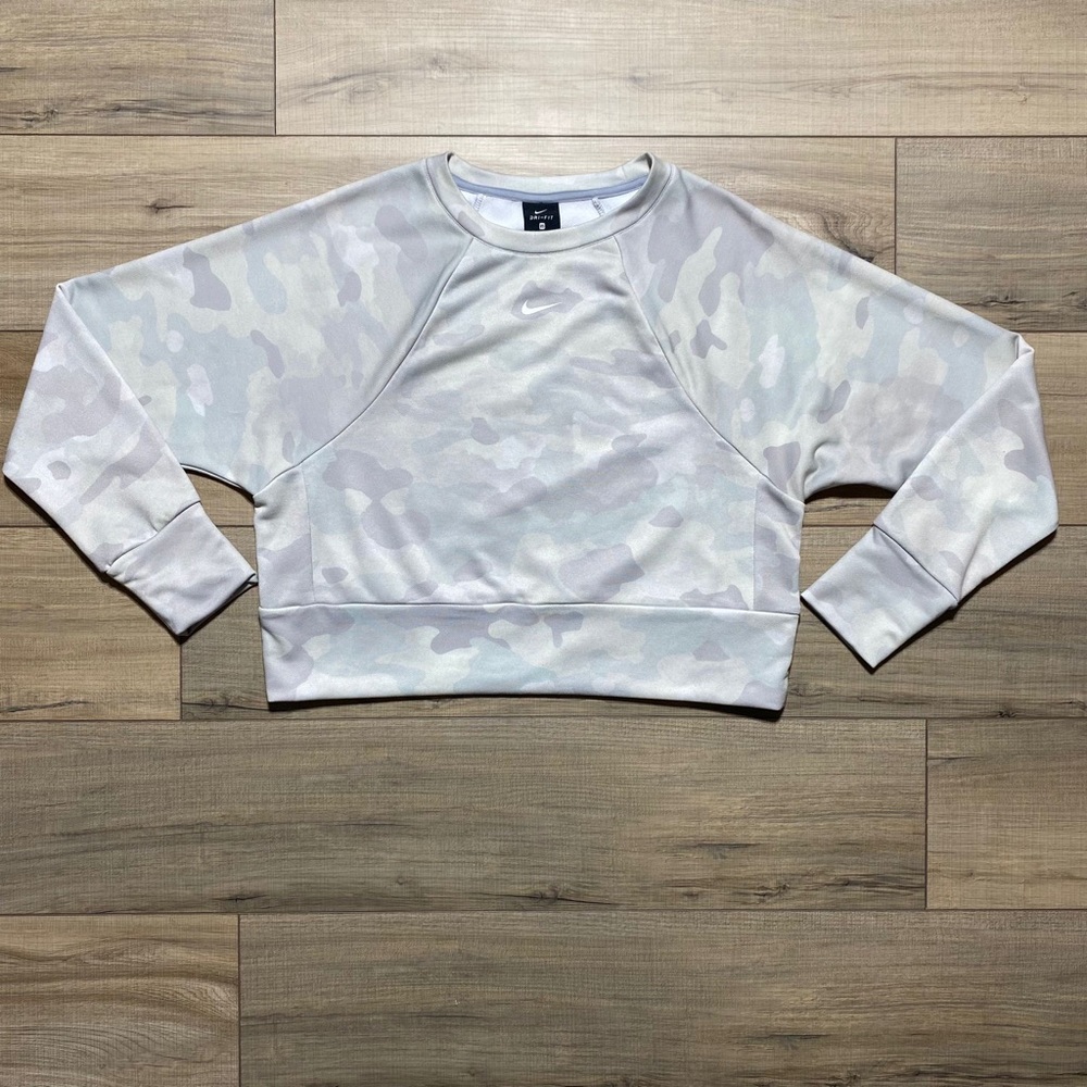 Nike Women Rebel Dri-Fit Training Cropped Crew Neck Pullover XS Camo Gray Green